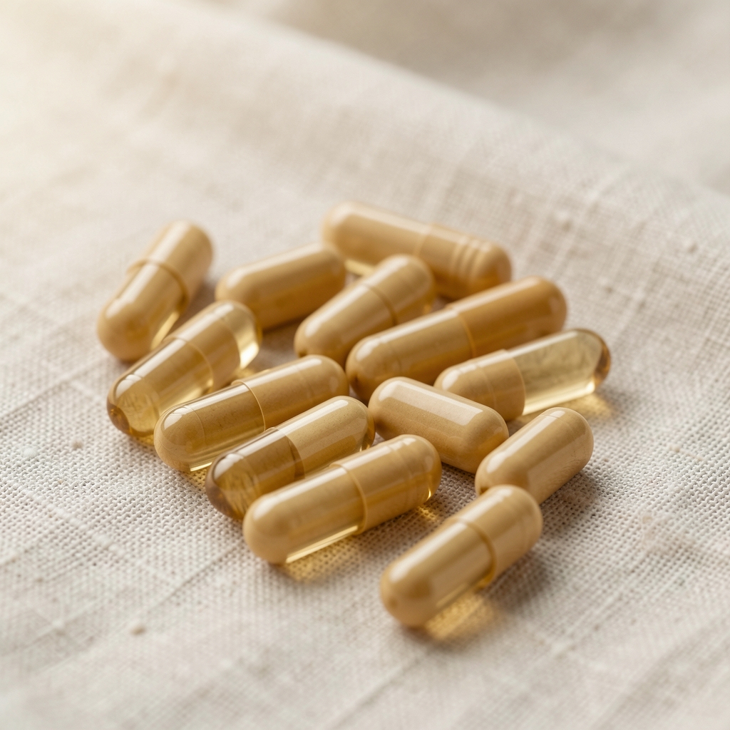 Close-up of Kalvena vegetarian capsules arranged on a light linen surface