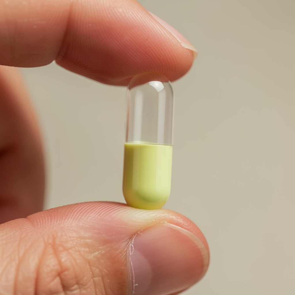 Macro close-up of a single vegetarian HPMC capsule held between fingers
