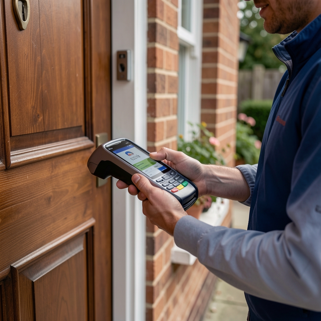 Close-up of a customer paying a delivery courier by card reader on the doorstep
