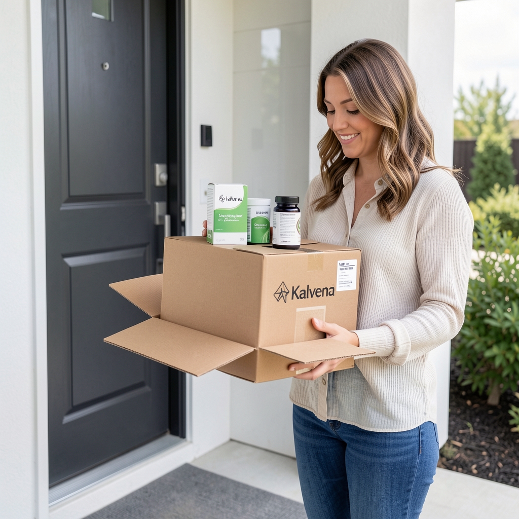 Woman unboxing a Kalvena supplement delivery parcel at her front door