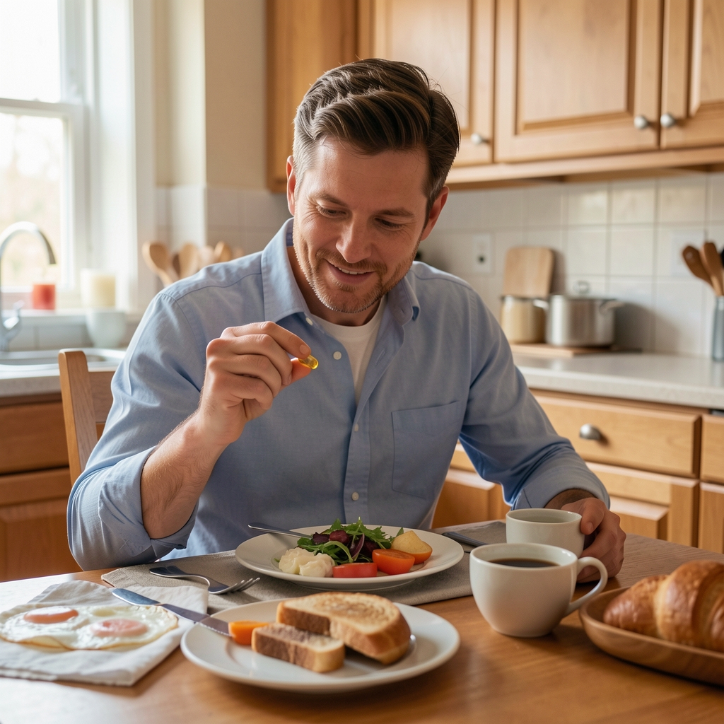 Man taking a Vitamin D3 capsule with breakfast at a kitchen table