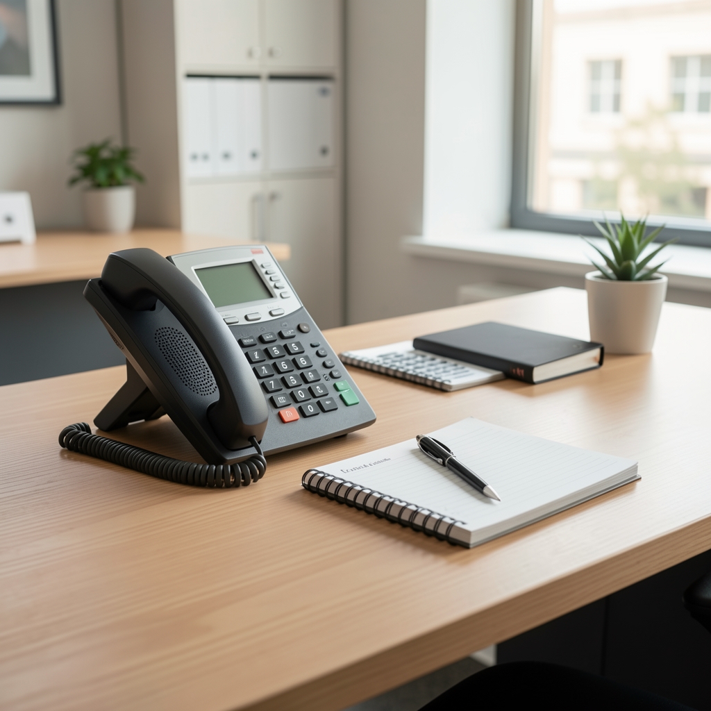 Customer support desk with a phone and notepad used for order confirmation calls