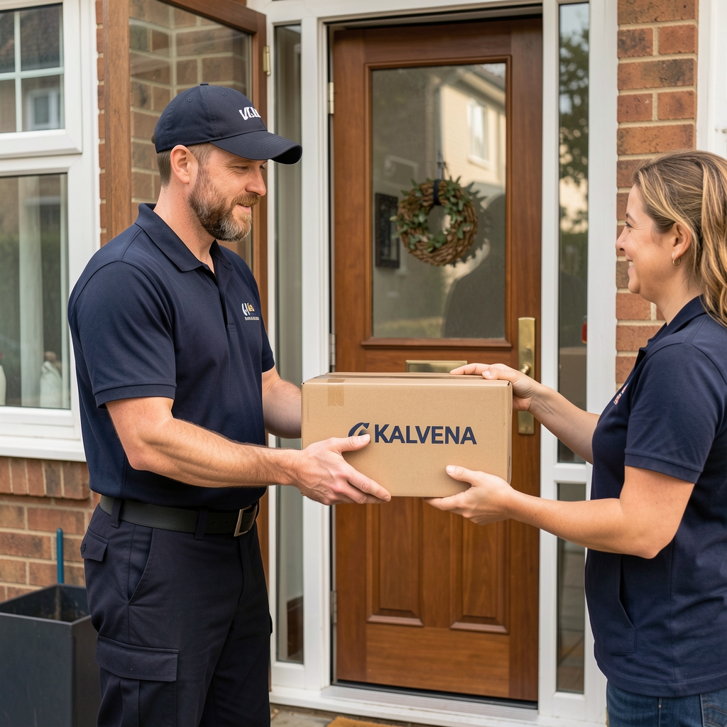Courier handing a Kalvena parcel to a customer at their front door