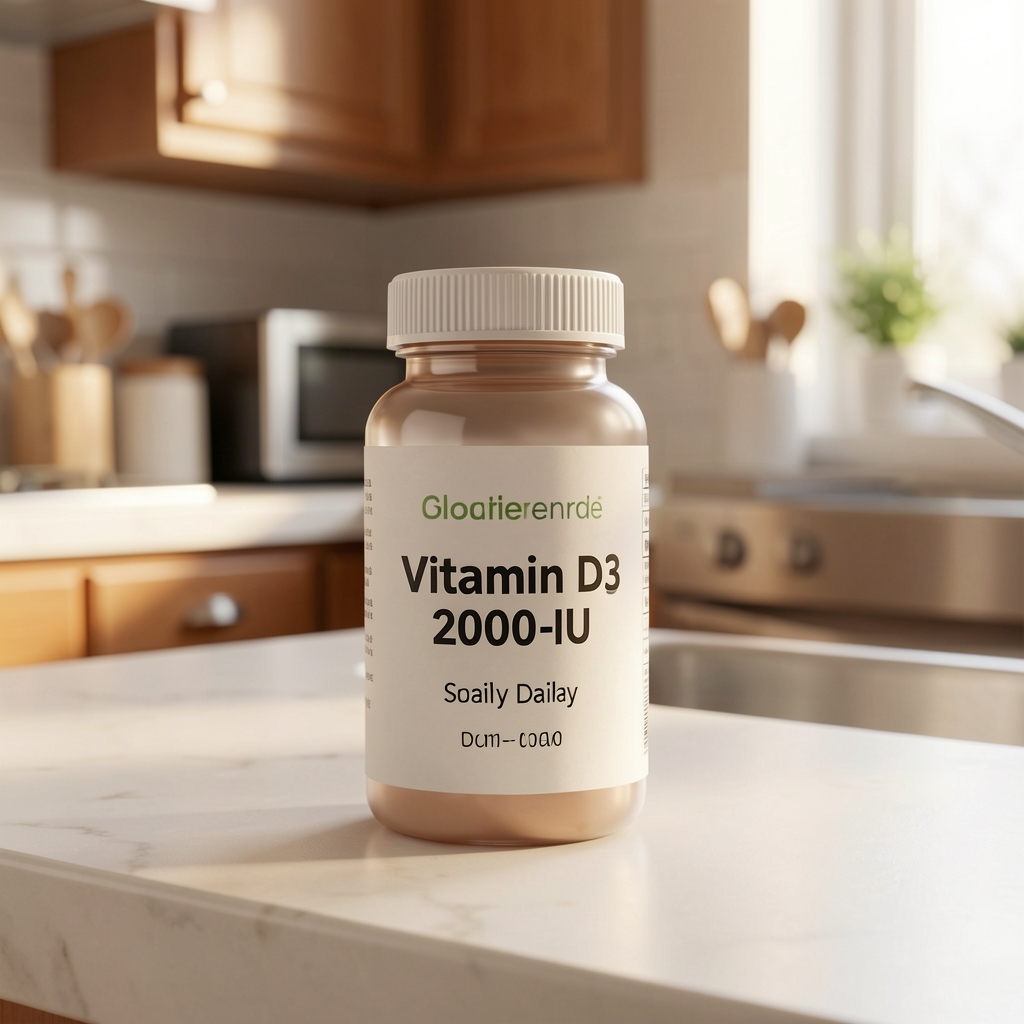 Vitamin D3 2000 IU daily supplement on a warm, clean kitchen surface