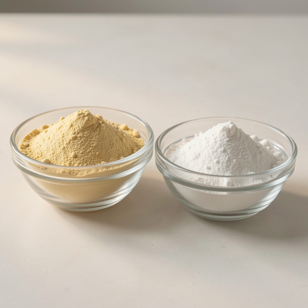 Vitamin D3 and Vitamin K2 MK-7 raw ingredient powder in glass bowls on a light surface