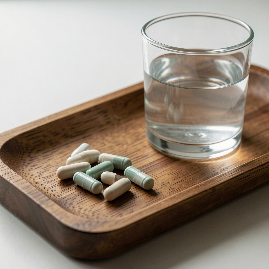 Magnesium citrate and zinc capsules on a wooden tray with a glass of water