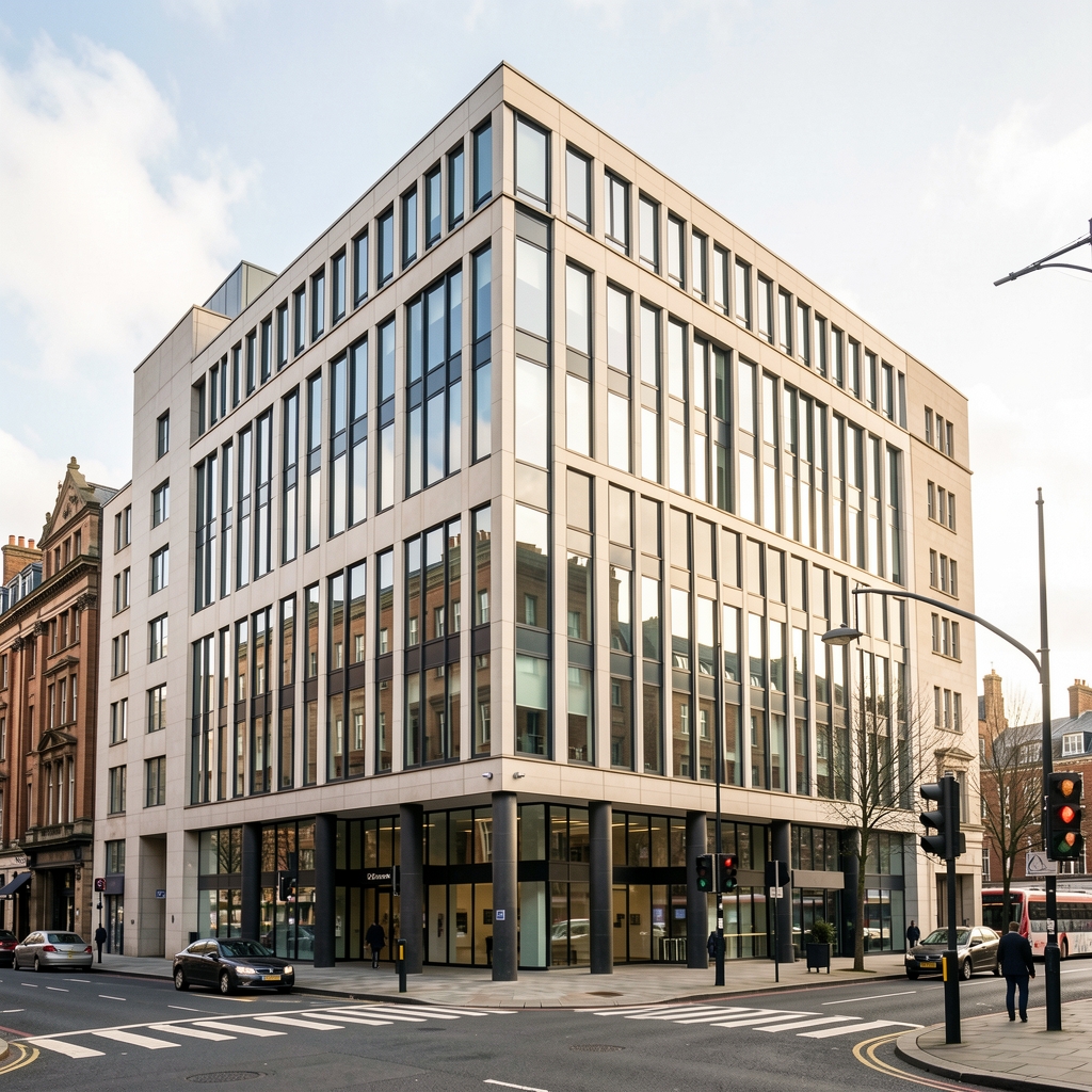 Exterior of a modern office building on King Street in Manchester city centre