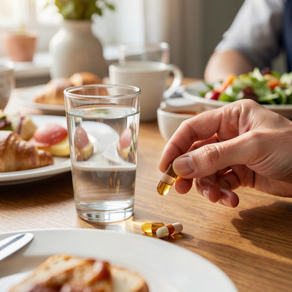 Person placing a Vitamin D3 capsule beside a glass of water on a breakfast table