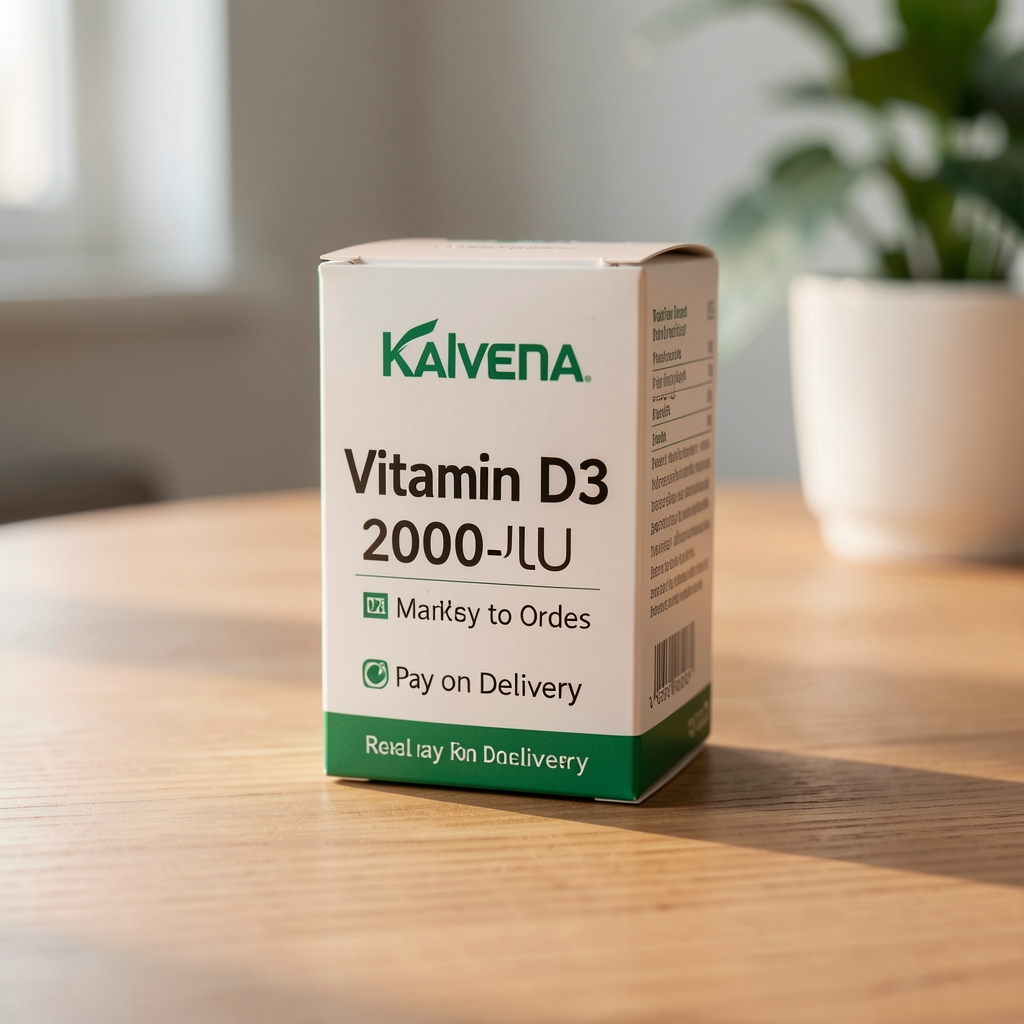 Vitamin D3 2000 IU pack by Kalvena on a table, ready to order with pay on delivery