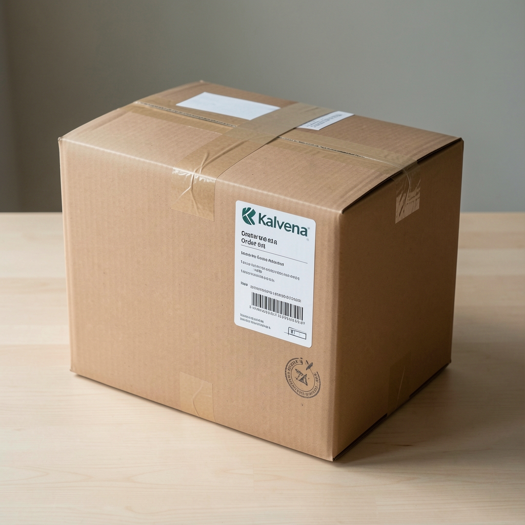 Plain discreet delivery box being sealed with the Kalvena order inside