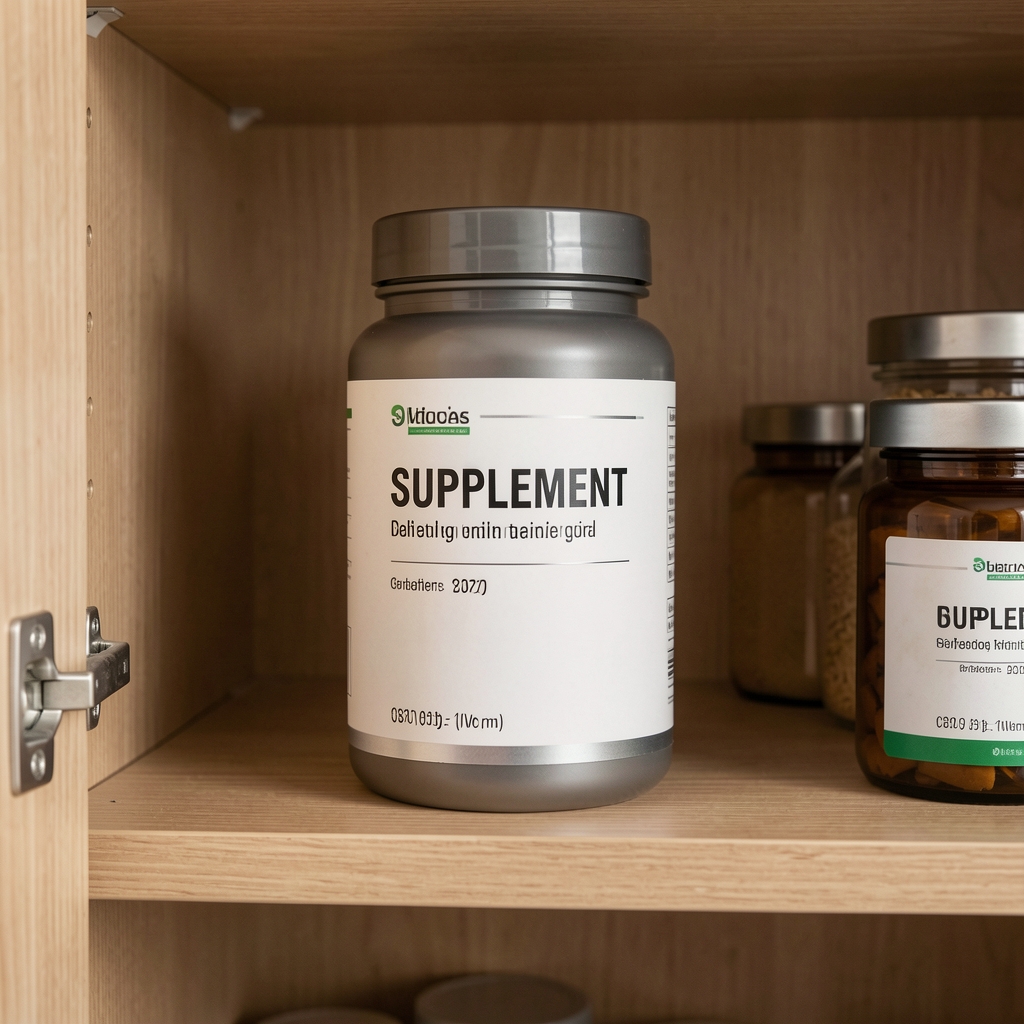 Sealed Kalvena supplement pack stored upright in a cool, dry kitchen cupboard