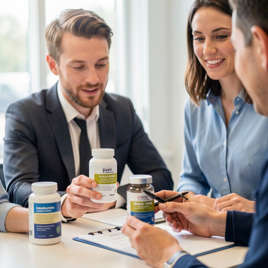 Small team reviewing supplement packaging samples at a bright office desk in Manchester